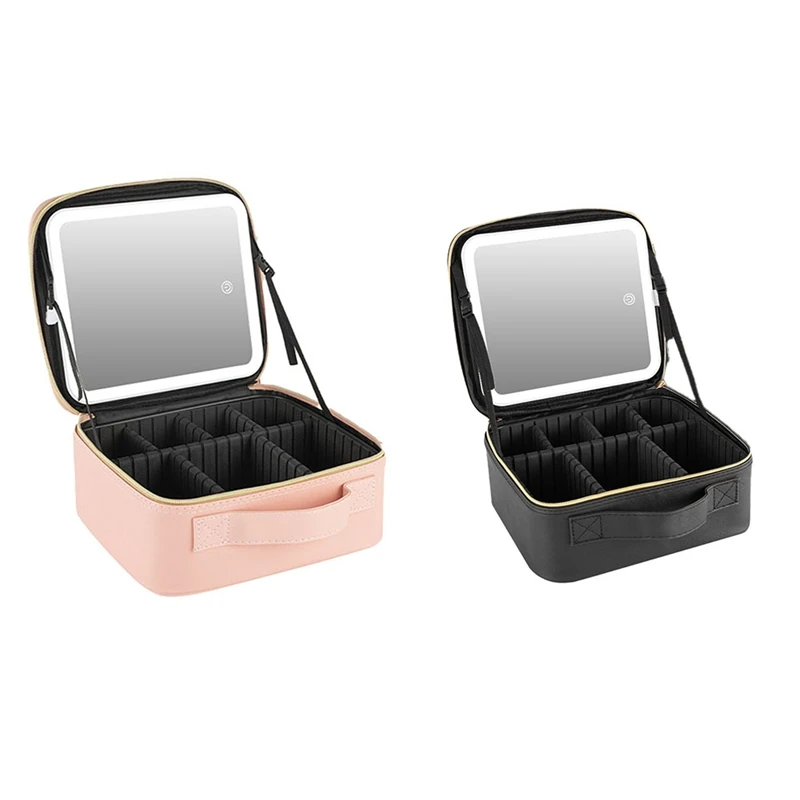 

NEW-Travel Makeup Bag Cosmetic Bag Makeup Organizer Bag With Mirror Make Up Case Of 3-Color LED Lighted Makeup Train Case