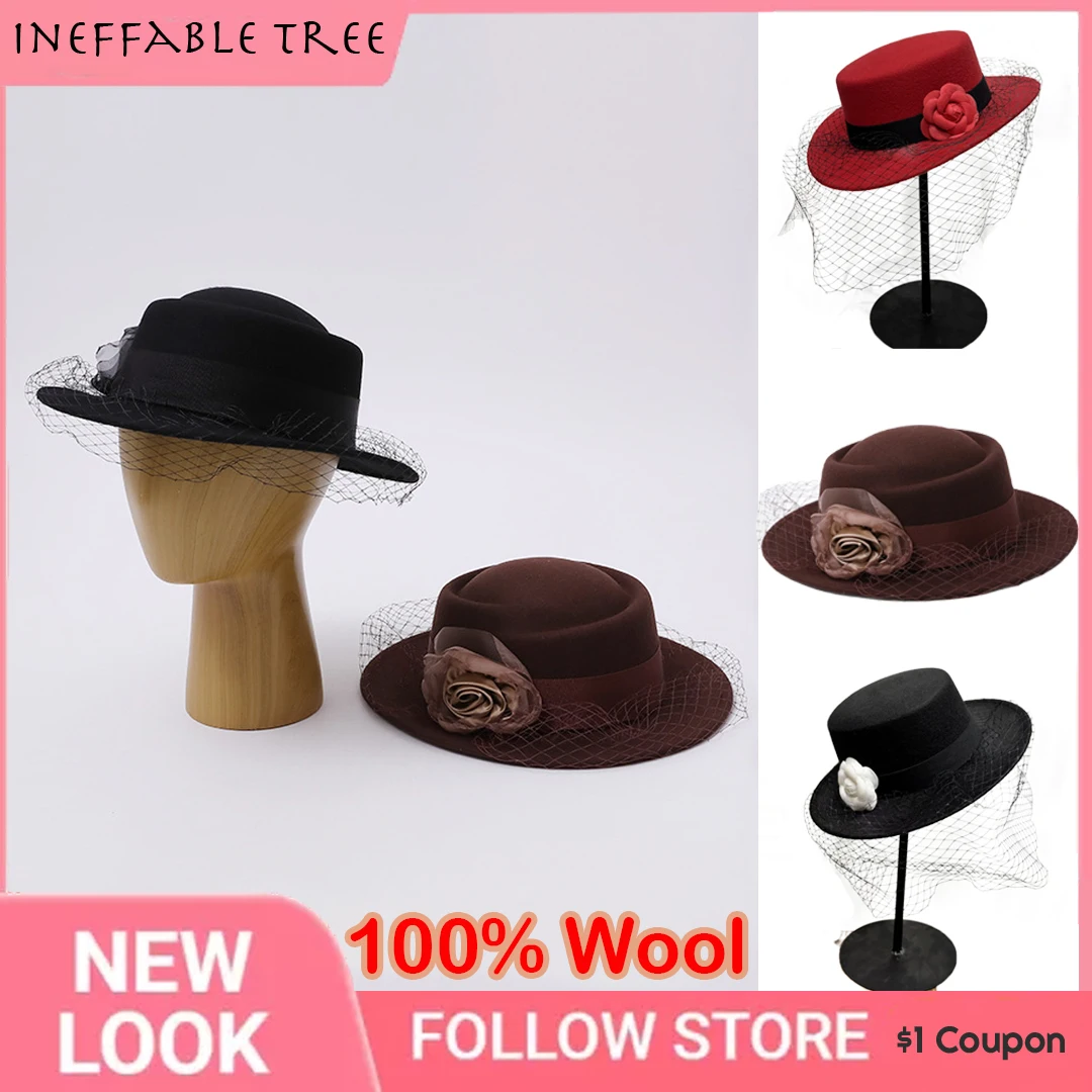 Hepburn Style Black Lace Camellia  Hats for Women Autumn Winter Elegant French Noblewoman Wool Flat Top Hat Chic Brimless Cap