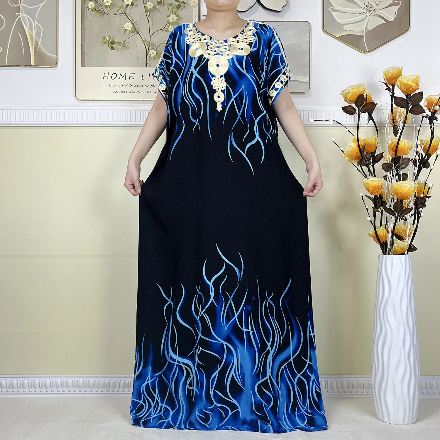 New Style Dubai Fashion Printing For Women Dress Casual Short Sleeve Loose Kaftan Maxi African Femme Abaya Dresses With Scarf