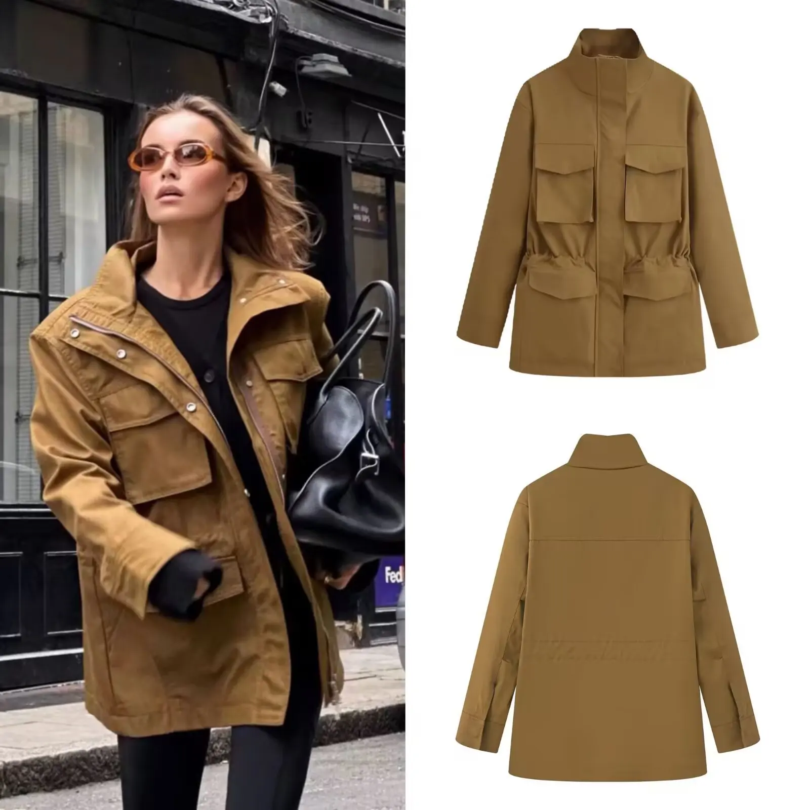 Fall/Winter 2025 Women's Casual Pocket High Collar Long Sleeve Workcoat