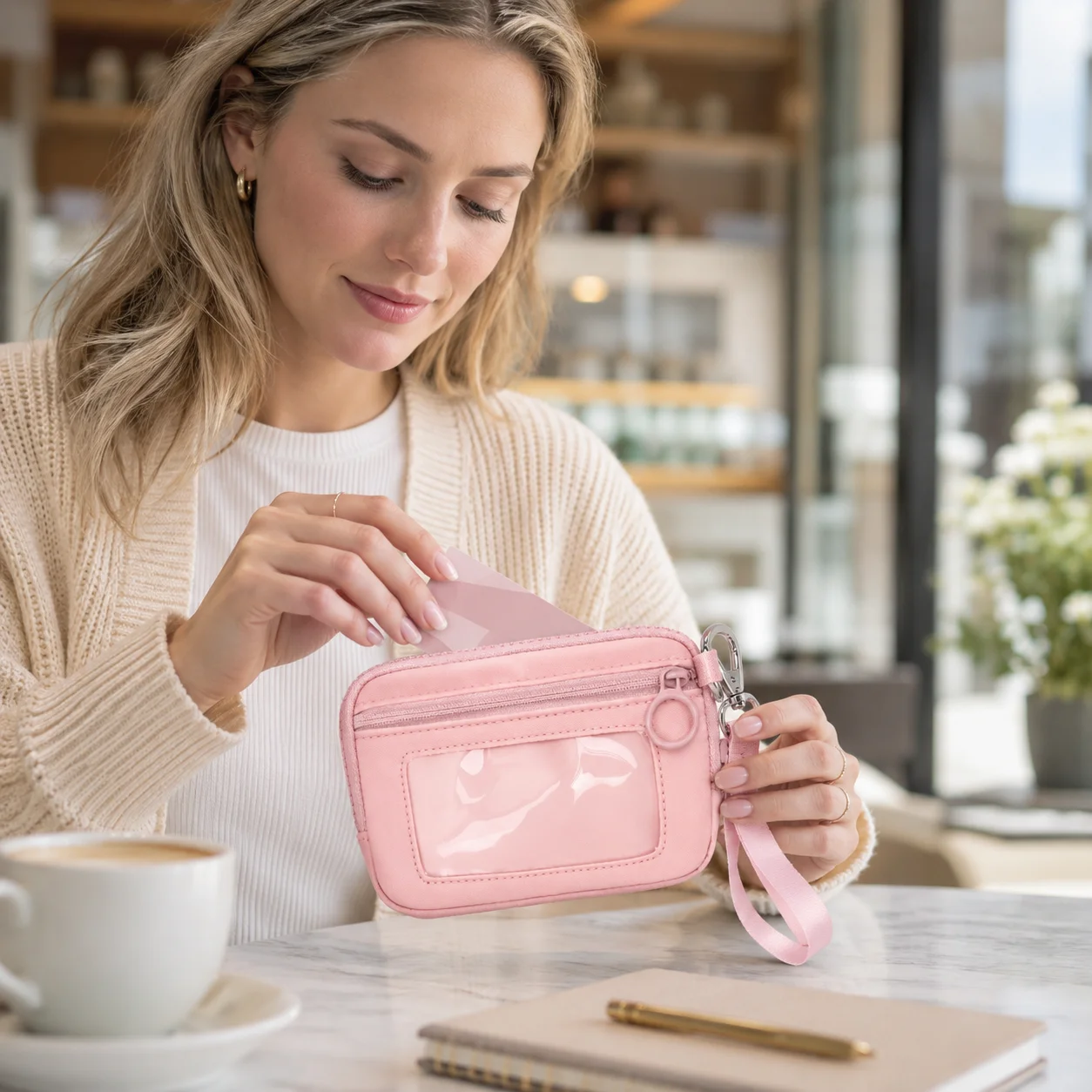 RFID Blocking Wrist Wallet for Women Waterproof Nylon Coin Purse with Clear ID Window Keychain Strap