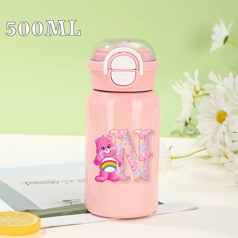 Care Bears Isolier-Wasserflasche, Kawaii Anime, 26 Buchstaben, bedruckt, Wasserbecher, tragbar, auslaufsicher, Sportflaschen, Trinkbecher, Geschenk