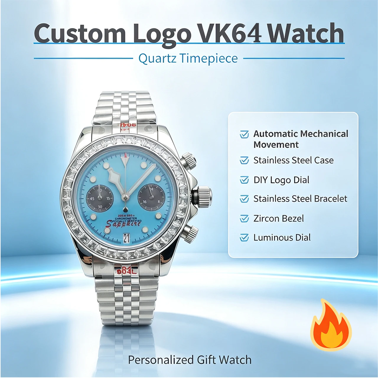 VK64 Best Seller 39.5mm Men's Chronograph Watch, Diamond Bezel Sapphire Crystal Solid Caseback Custom Logo Dial Waterproof