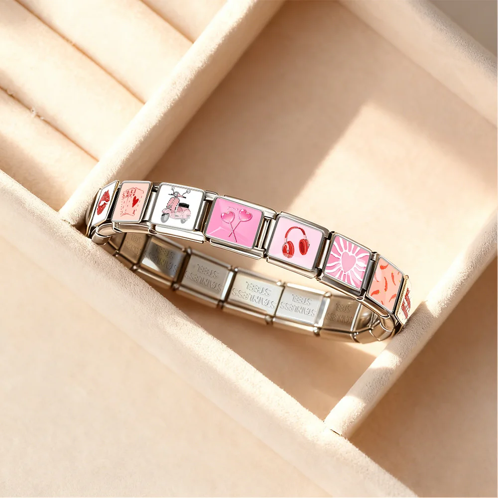 GEMOSA Niedliche Rosa Tanzschuhe Chili Weingläser Charm Schmuck Italienische Glieder Passend für 9mm Edelstahl Armband DIY Geschenk – Detail 4