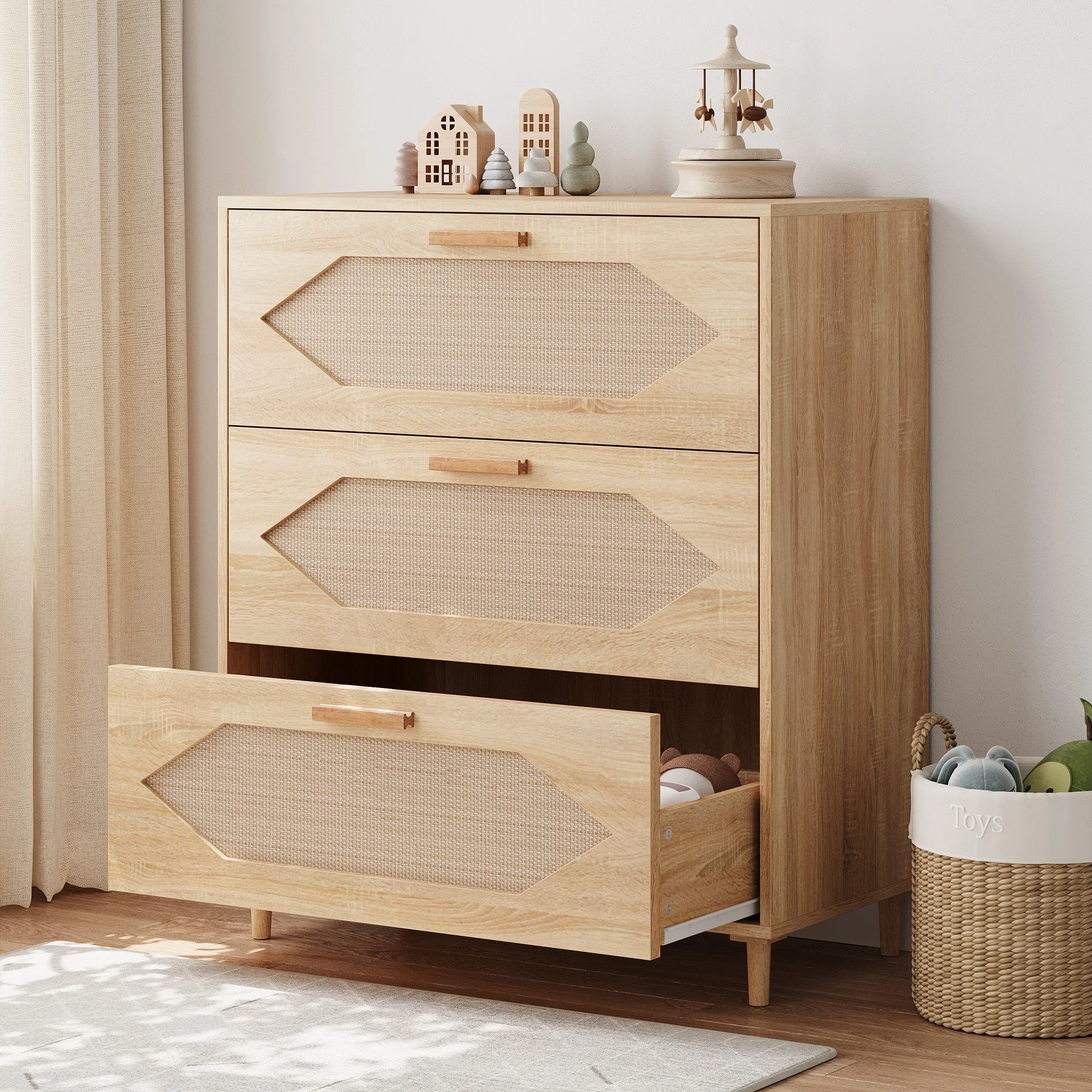 3-Drawer Wooden Chest of Drawers with Rattan Details – Modern and Natural Style – Ample Storage Space – Easy to Assemble – Ideal for Bedroom, Living Room, Hallway or Entryway