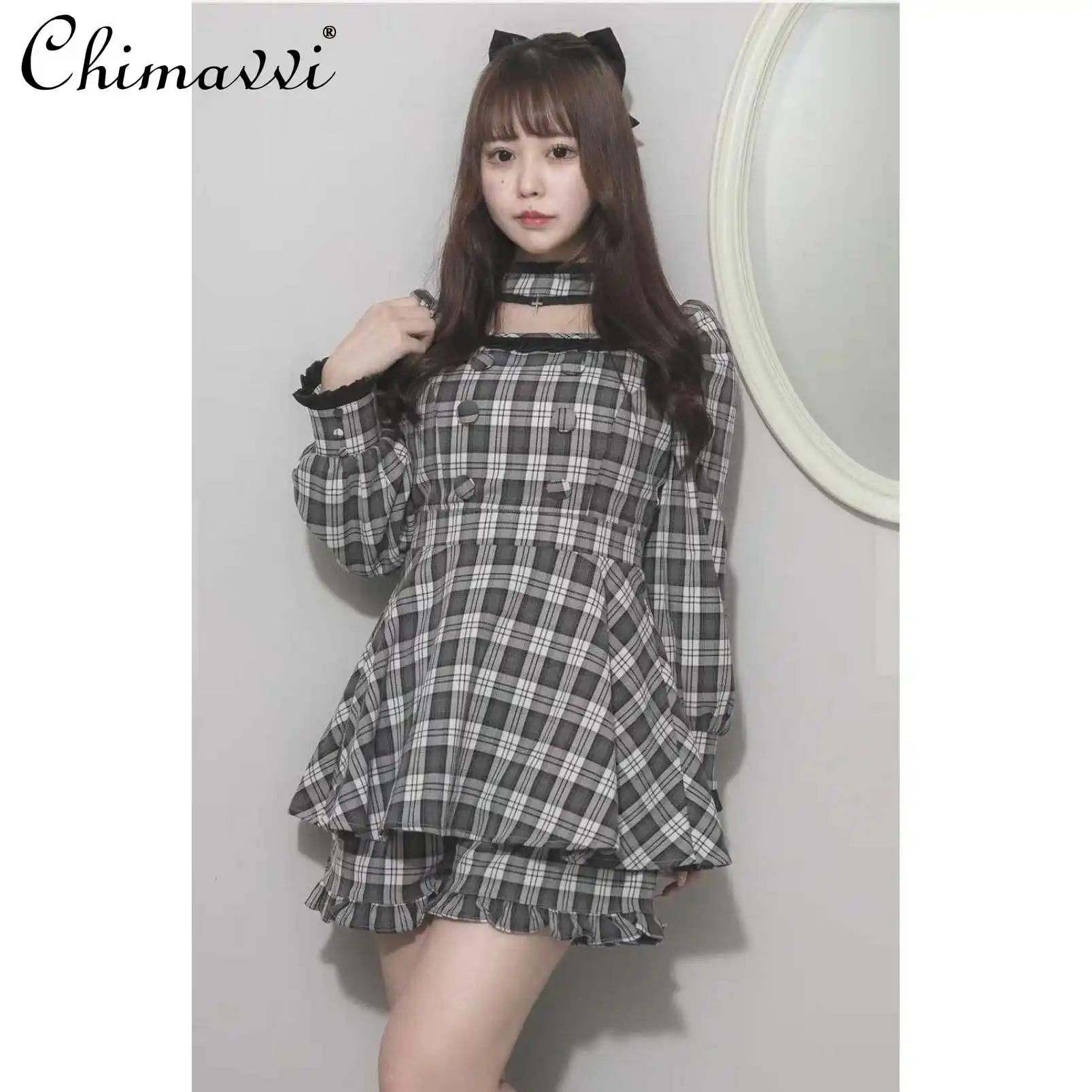 اليابانية الحلو فتاة المختنق الصليب مزدوجة الصدر فستان الدانتيل أعلى + مجموعة تي شيرتات قصيرة للأطفال Kawaii لوليتا فتاة النساء Y2k قطعتين مجموعة