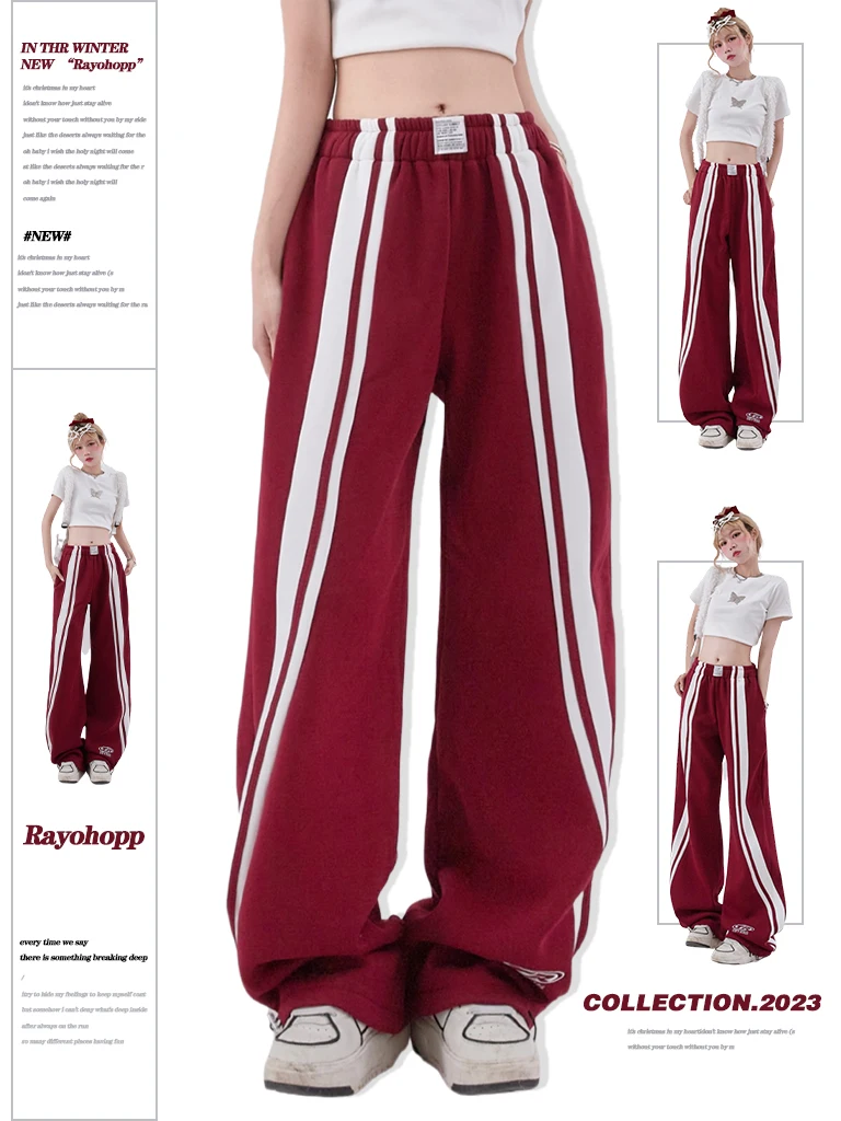 Dophee Casual Women Sweat Pants All-match Spring Summer All-match Colorblock Stripes Elastic Waist Wide Leg Red Straight Trouser