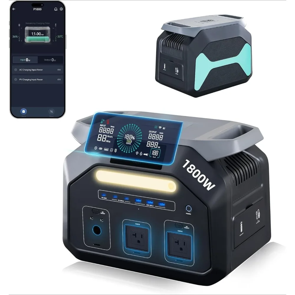 محطة طاقة محمولة P1800 بقدرة 1024 وات في الساعة LiFePO4 بطارية 1800 وات (3600 وات ذروة) مخرج تيار متردد باور بانك لمدة ساعة شحن سريع ليثيوم سولار #1