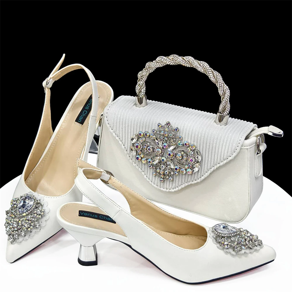 White Women Stones Shoes And Bag Set 2024 African Ladies High Heels Pumps With Handbag Sandals Escarpins Femme Sandales CR999