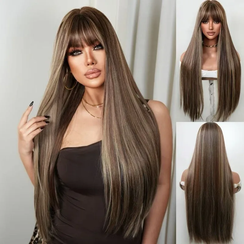 Brown Piano Hair Wig - Fashionable Women's Air Curtain Bangs Long Straight Hair Full Head Wig for Daily Use