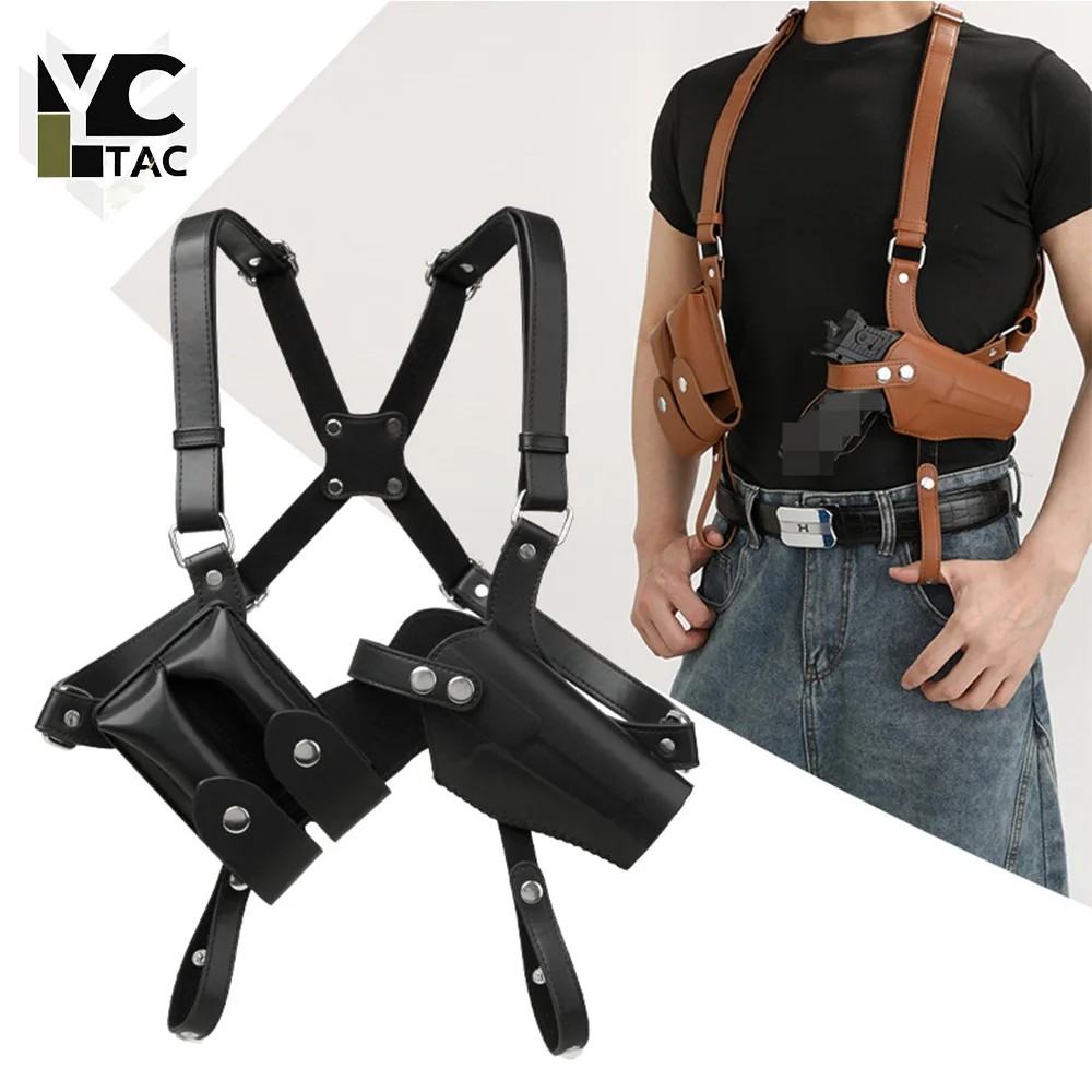 YCTAC Tactical Leather Gun Bag Airsoft Underarm Anti-theft Hidden Holster Universal Vertical Shoulder Magazine Pouch for G17