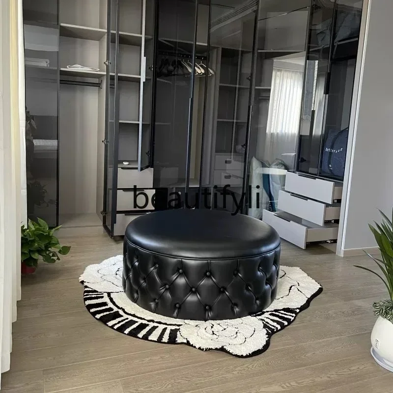 X  D132 Black Genuine Leather Cloakroom Clothing Store Sofa Footstool Living Room Round Small Ottoman