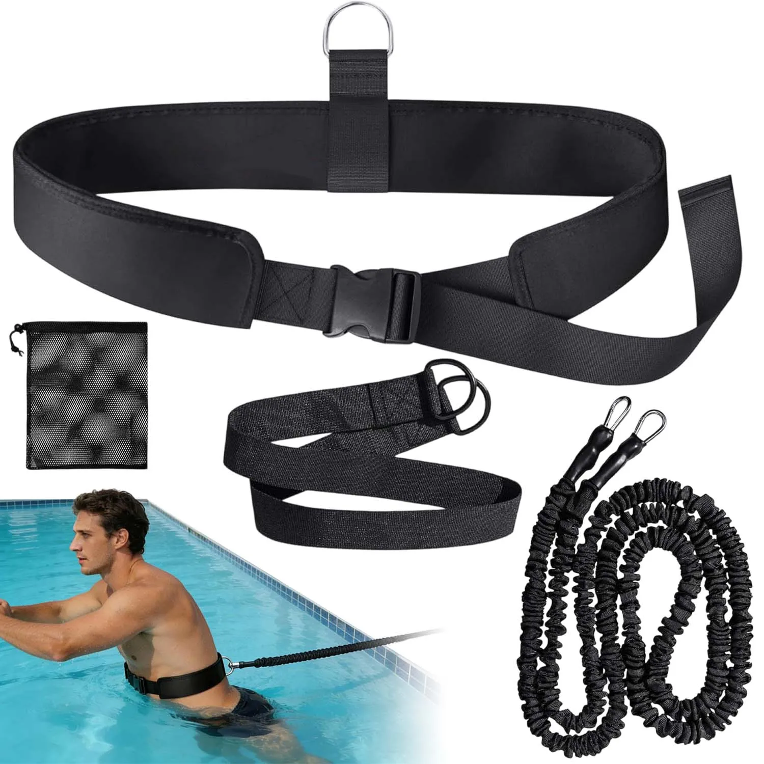 Ceinture d'entraînement de résistance à la natation avec cordon élastique de 7,5 m, sangle de taille réglable adaptée aux tourneurs jusqu'à 145 cm, entraîneur de natation pour l'entraînement de force et d'endurance en nage libre, dos et bras.