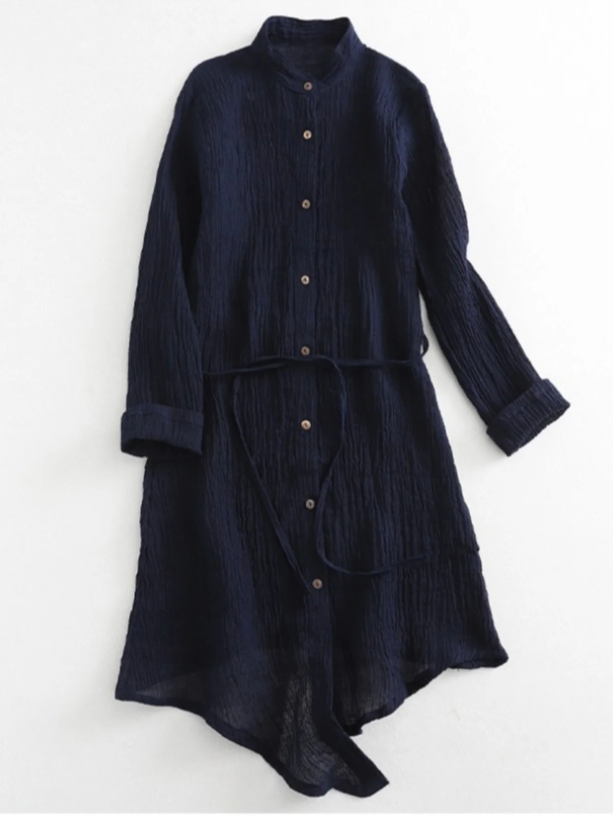 Spring Summer Textured  Color Midi irt Jaet Women's Original Design Loose Fit Long Sve Stand Collar Open Cardigan