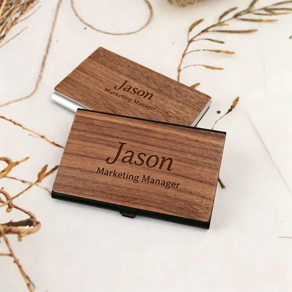 Free Customized Engraving Wood Business Card Holder Pocket Black Walnut Solid Wooden Clip Personalized Cardcase Activities Gifts
