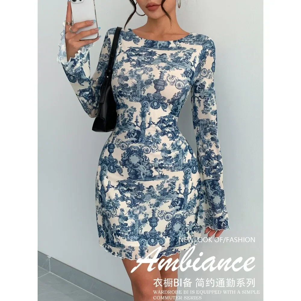 Women Spring Summer Printed Mesh Dress Flare Sleeve Open Back Midi Dress Elegant Hollow Out Mesh Vacation Party
