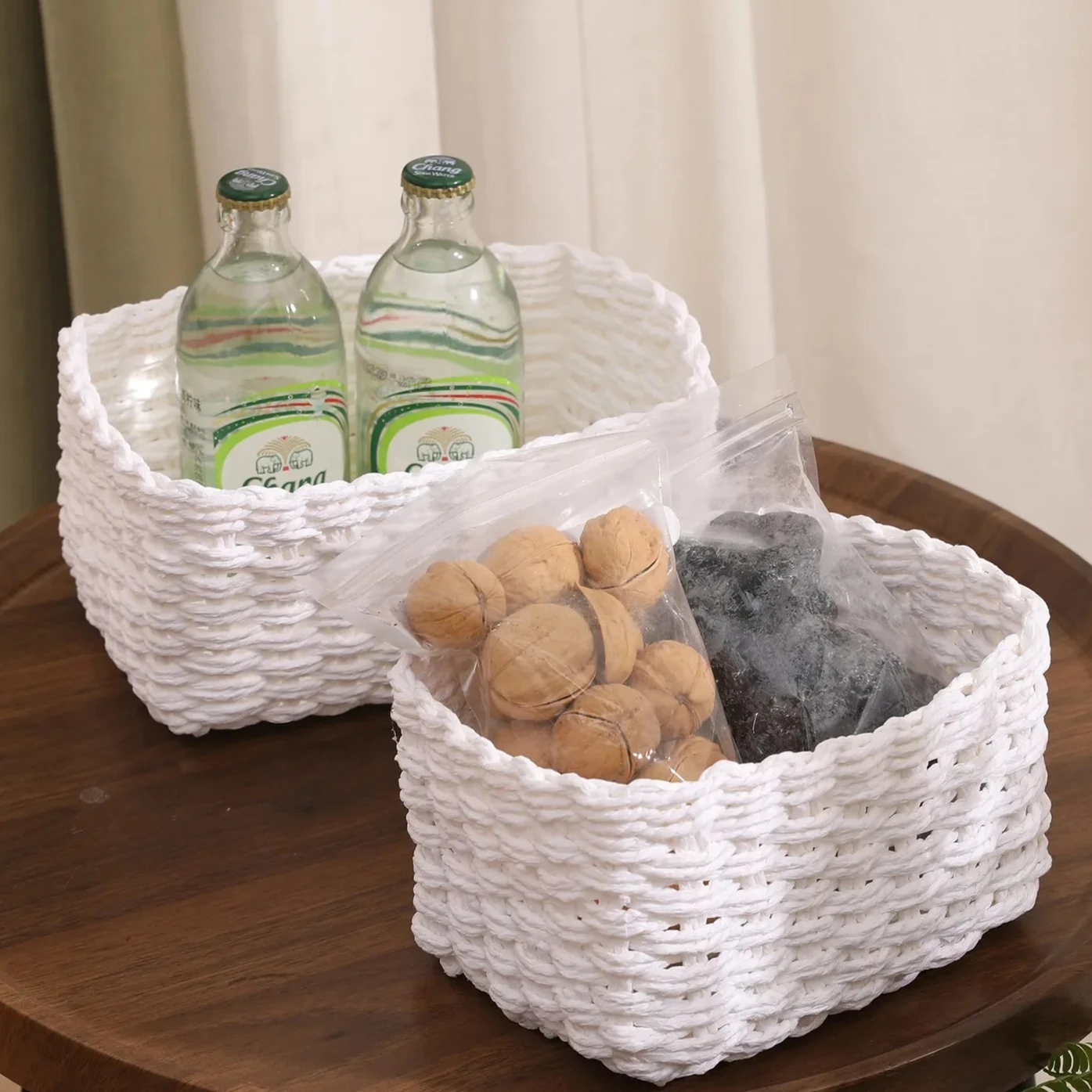 Cesta de almacenamiento de cuerda de papel redonda suave tejida de paja hecha a mano, caja de almacenamiento de juguetes para artículos diversos de escritorio, cesta de almacenamiento de cosméticos para aperitivos S M L