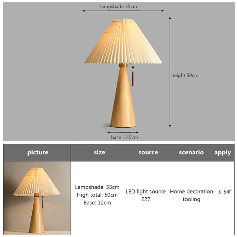 Nordic Retro Pleated Table Lamps Solid Wood Desk Lights Korean Bedside Night Light Pleated Lampshade Home Japanese E27 Lighting