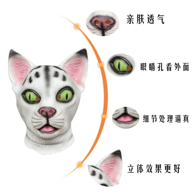 Gefleckte Katzenmaske Halloween Realistische Rollenspiel-Verkleidung Tier-Katzen-Vollkopfmaske Geburtstag Erwachsene Männer Frauen Verkleidung – Detail 5