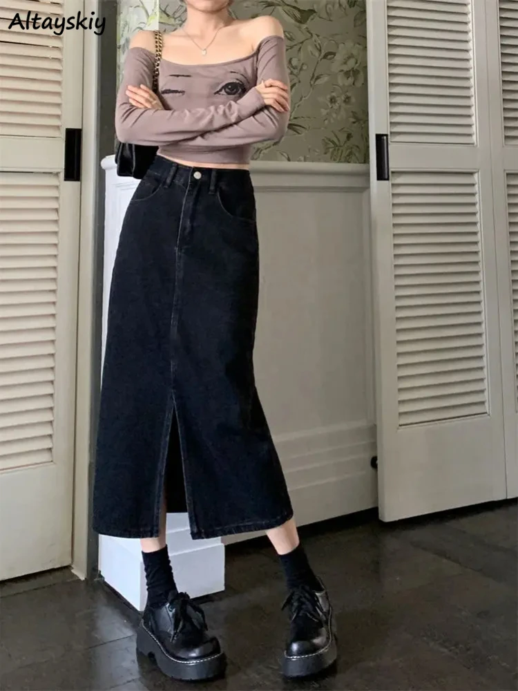 

Denim Skirts Women Mid-calf High Waist Korean Fashion Minimalist Style Front-slit Chic All-match Streetwear Young Spring Summer