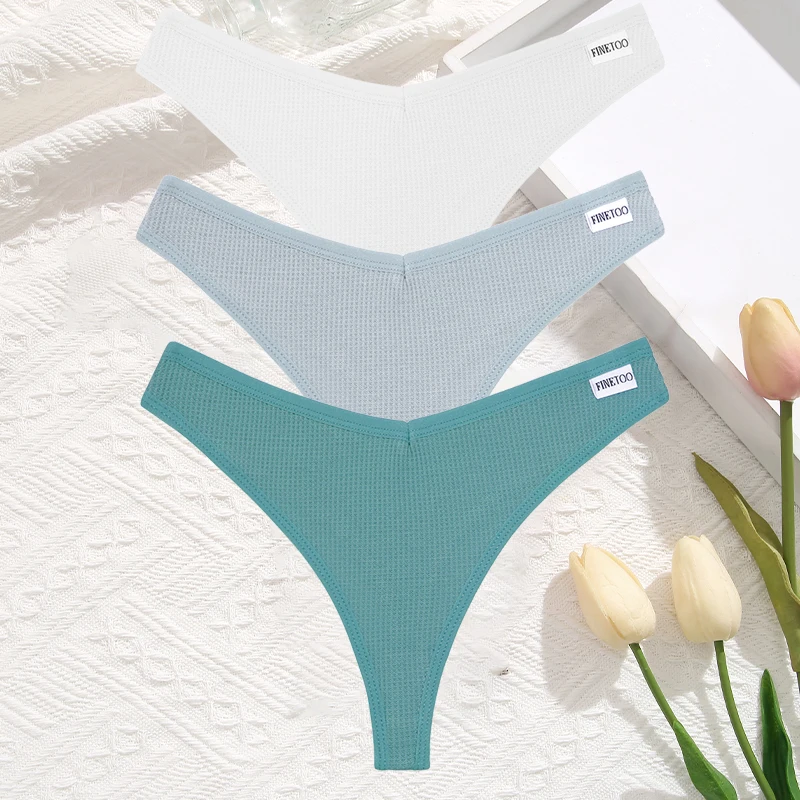 FINETOO 3 Teile/satz Sexy Waffel Plaid Baumwolle Höschen Frauen Einfarbig Niedrigen Taille G-String Unterwäsche Weibliche Weiche Thongs Dessous