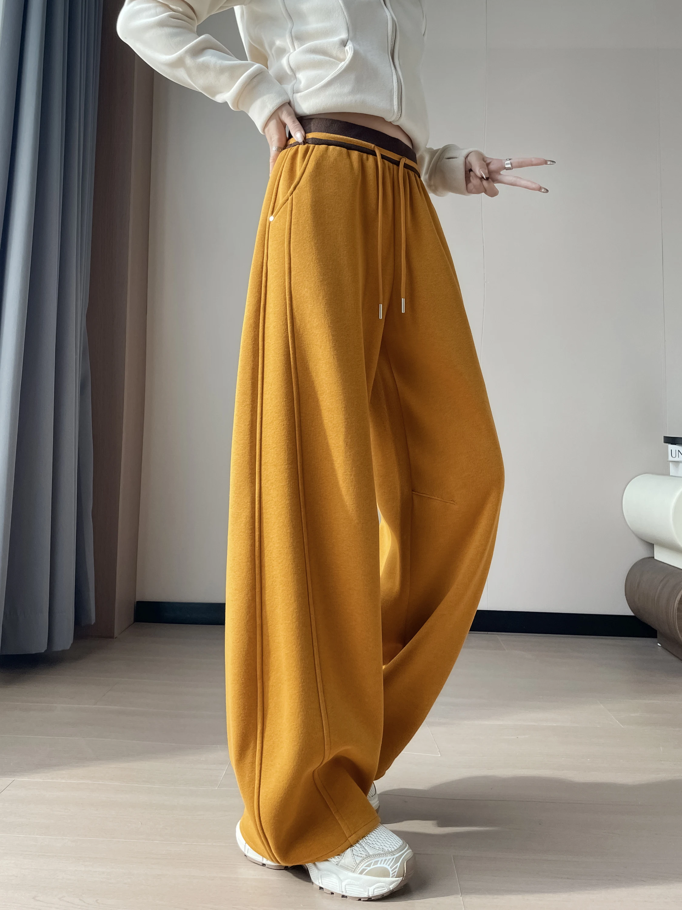 Calças Casuais Amarelas de Abóbora Thiened Fce para Mulheres, Cintura Alta, Ajuste Slim, Calças de Esporte com Pernas Largas