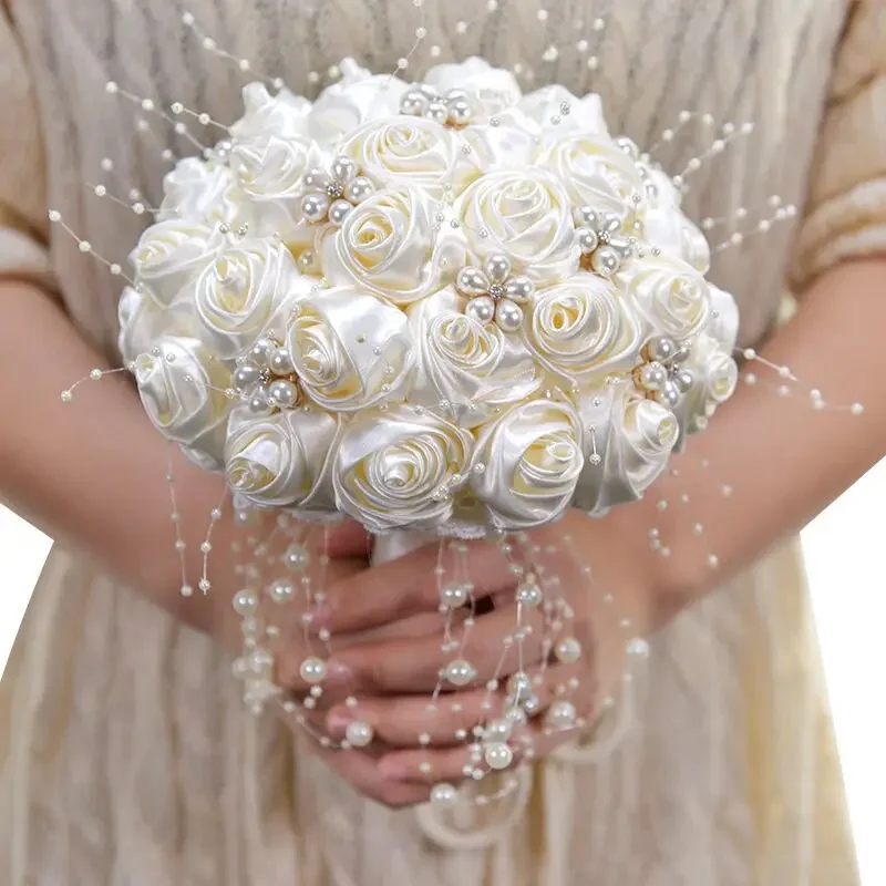 

Artificial Rose Bouquets, White and Ivory Ribbon Flowers, Stunning Pearls, Beaded Bridal Bouquet, Bridesmaid Wedding Bouquets