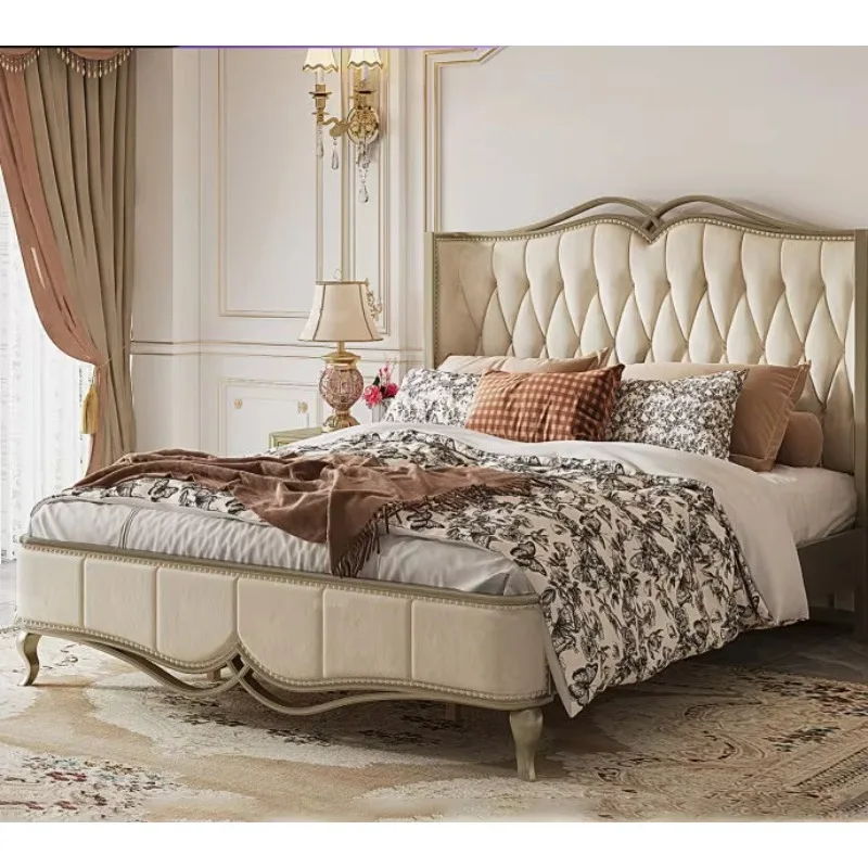 China Manufacturer Modern Solid Wood Luxury European Royal Furniture Antique Gold Bedroom Sets king Size Leather Beds for House