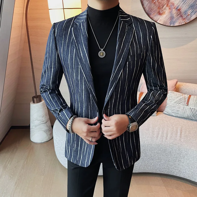 British Style Striped Suit Jacket Men‘s Business Slim Fit Blazers Fashion Wedding Groom Social Casual Suit Coat Men's Clothing