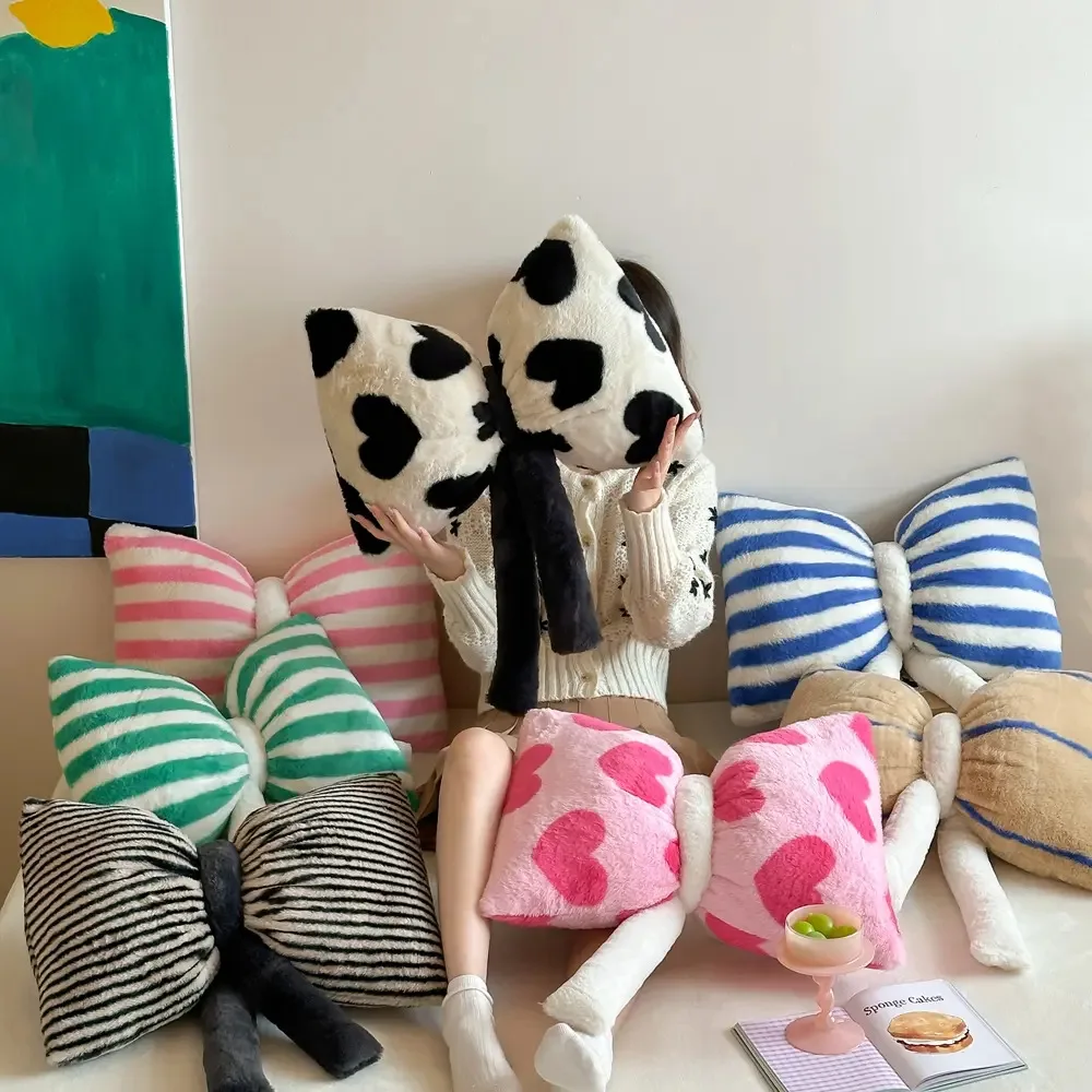 Korean Style Creative Personality Girly Bunny Velvet Striped Bow Pillow Dopamine Pink Blue Bedroom Living Room Sofa