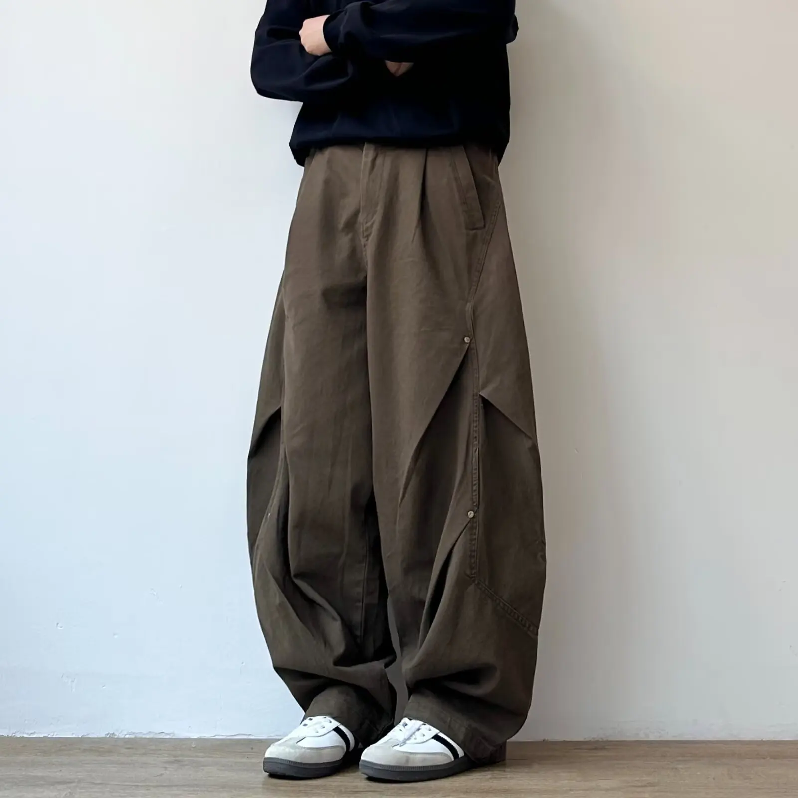 

Американские свободные однотонные женские брюки, простые базовые повседневные женские брюки, модные уличные коричневые широкие брюки, женские шикарные