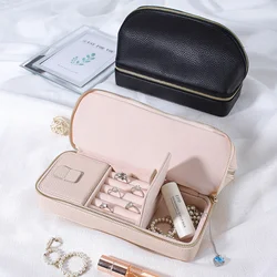 2 in 1 Makeup Bag with Jewelry Organizer Case Pu Leather Women Travel Makeup Double-Layer Cosmetic Brushes Case Toiletries Bag