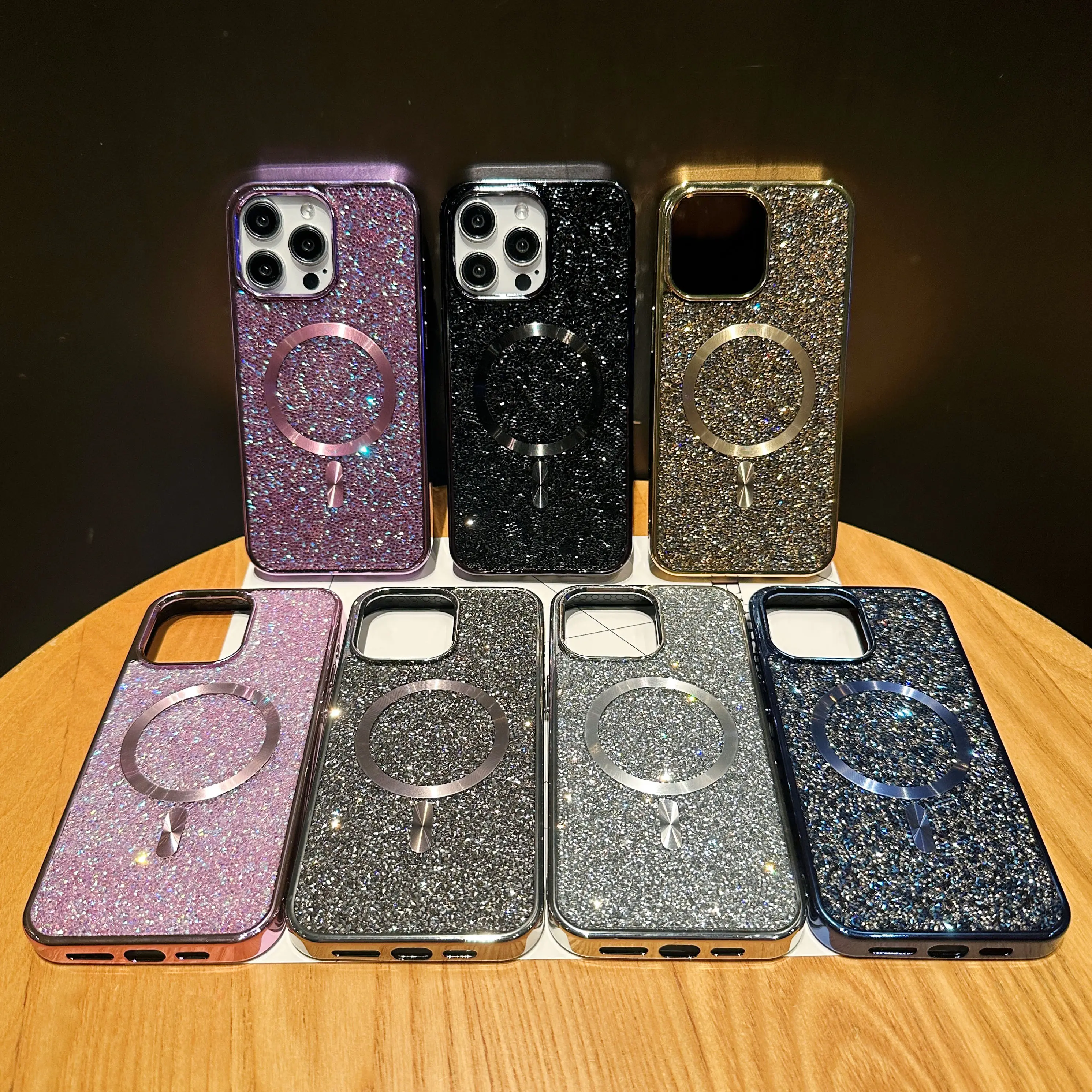 Glitter Shining Diamond Plating Slim Phone Case for iPhone 11 12 13 14 15 Pro Max Wireless Charging Magnetic Magsafe Back Cover