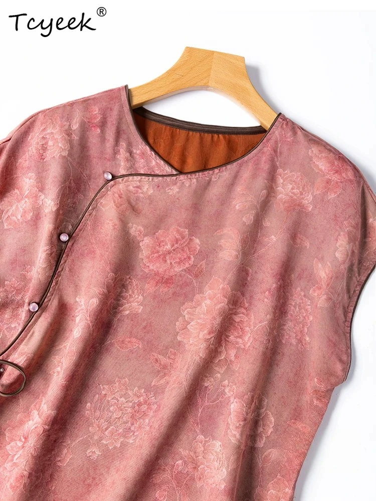Tcyeek 100% Real Silk Women Shirts 2026 Summer Vintage Breathable New Chinese-style Lace-up Top Clothes for Ladies Tops De Mujer