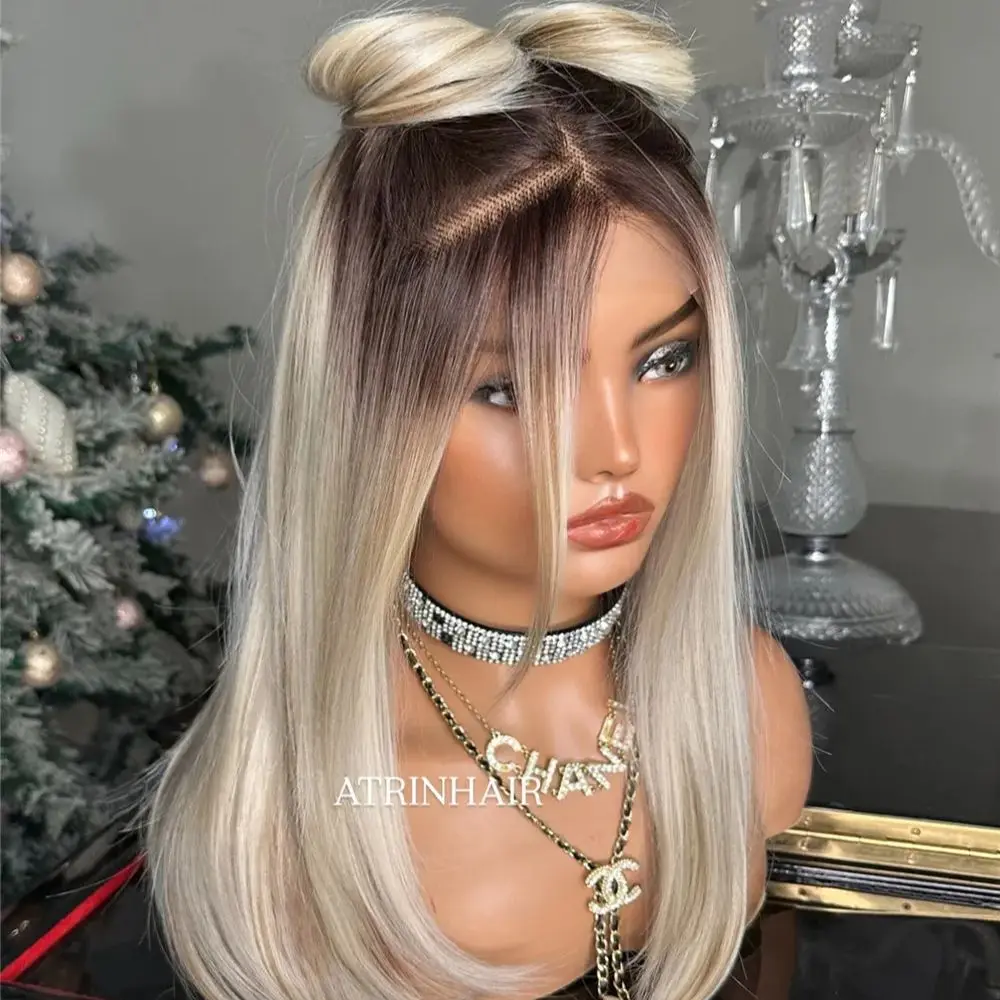 Natural Straight 18 Inches Synthteic Hair Platinum Blonde Glueless Wigs with Dark Root Natural Look for Daily Wear Premium Fibre