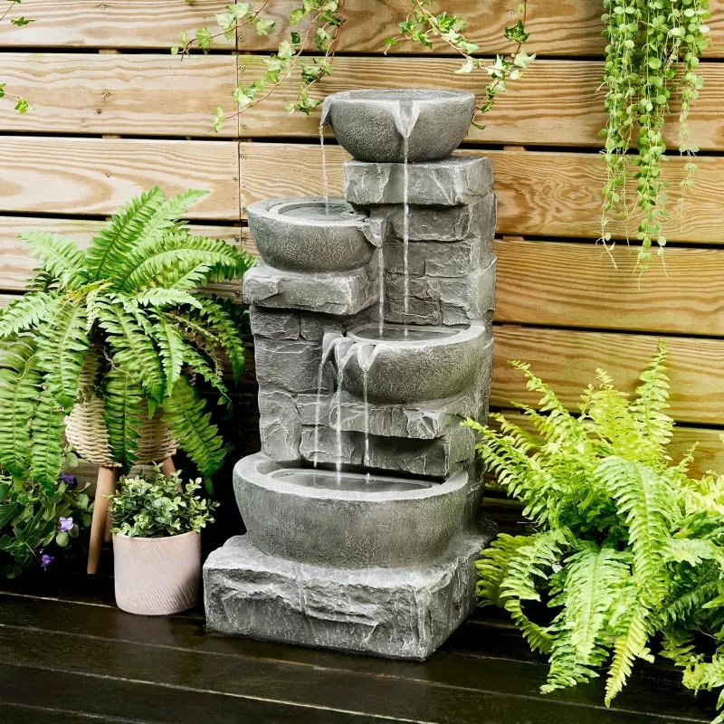 Teamson Home 33.25 in. Cascading Bowls and Stacked Stones LED Outdoor Water Fountain for Gardens, Landscaping, Patios, Balconies