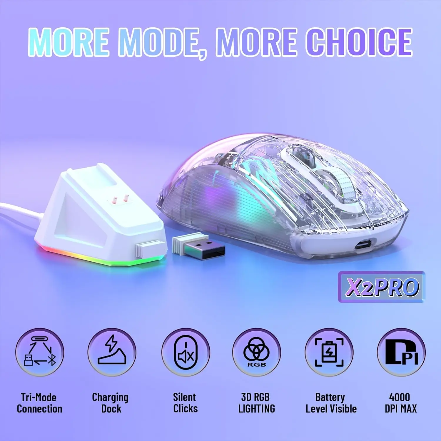 ATTACK SHARK X2 Pro Tri-mode Gaming Mouse with RGB Charging Dock, Transparent Shell, PixArt 3212, Up to 4000 DPI, RGB Backlit