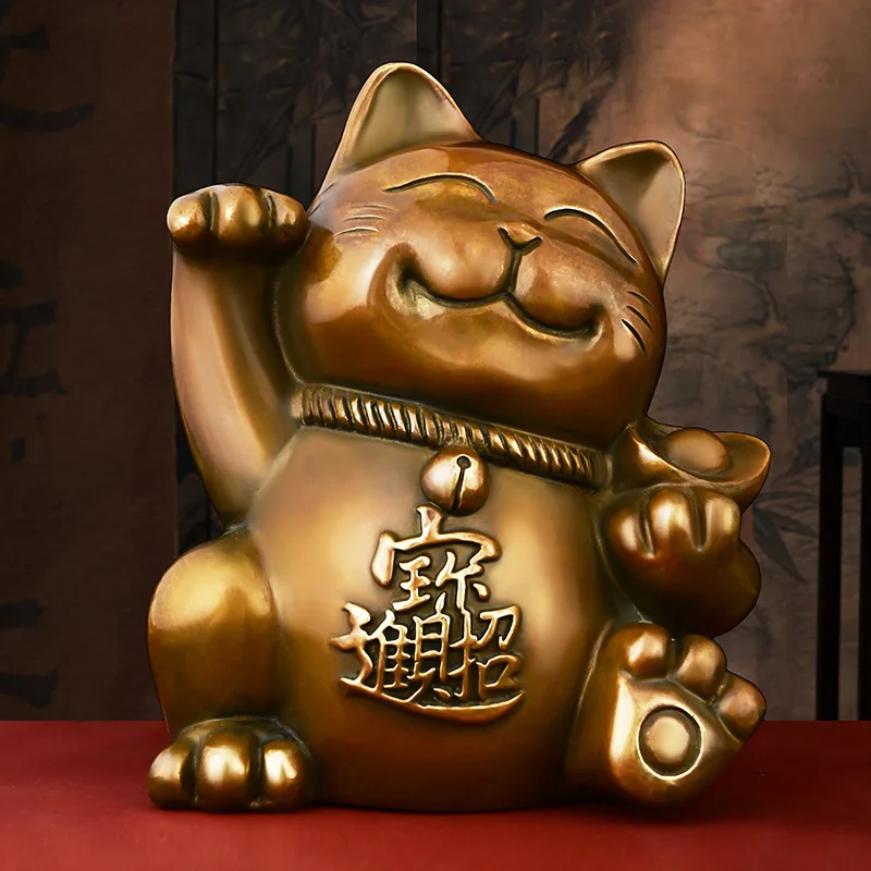 Pure Copper Lucky Cat Decoration Opening Front Desk Waving Cat Large Sized Creative Shop Cashier Decoration Antique Fortune Cat