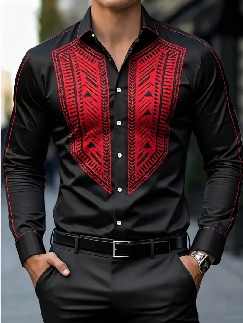 New black background red ethnic geometric pattern printed shirt, retro western style men's slim fit long sleeved shirt