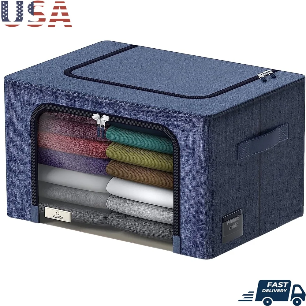 صناديق تخزين قابلة للتكديس وقابلة للطي مع إطار معدني ونافذة شفافة ومقابض بسحاب مزدوج وصناديق تنظيم متينة وفراش الملابس