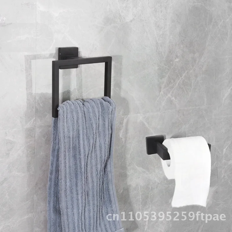 Black Self-Sticking Bathroom Hardware Set with Robe Hook Towel Rail Bar Towel Bar Paper Holder - No Nails Required