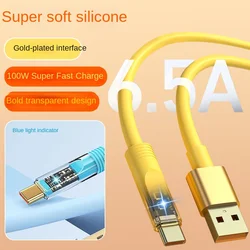 Spot Gold Plated Transparent Silicone Data Cable 6A Bold 100W Super Fast Charging with Light 2-meter Extended Phone Cable