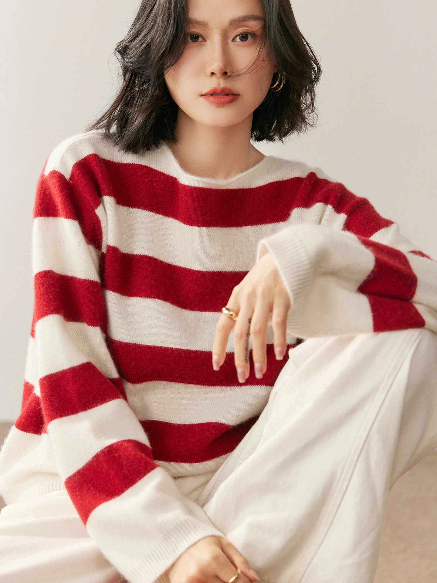 TLOML Damska odzież dzianinowa ze 100% kaszmiru, sweter z okrągłym dekoltem, luźny, w paski, na jesień i zimę, gruby, ciepły, luźny krój, wygodne topy