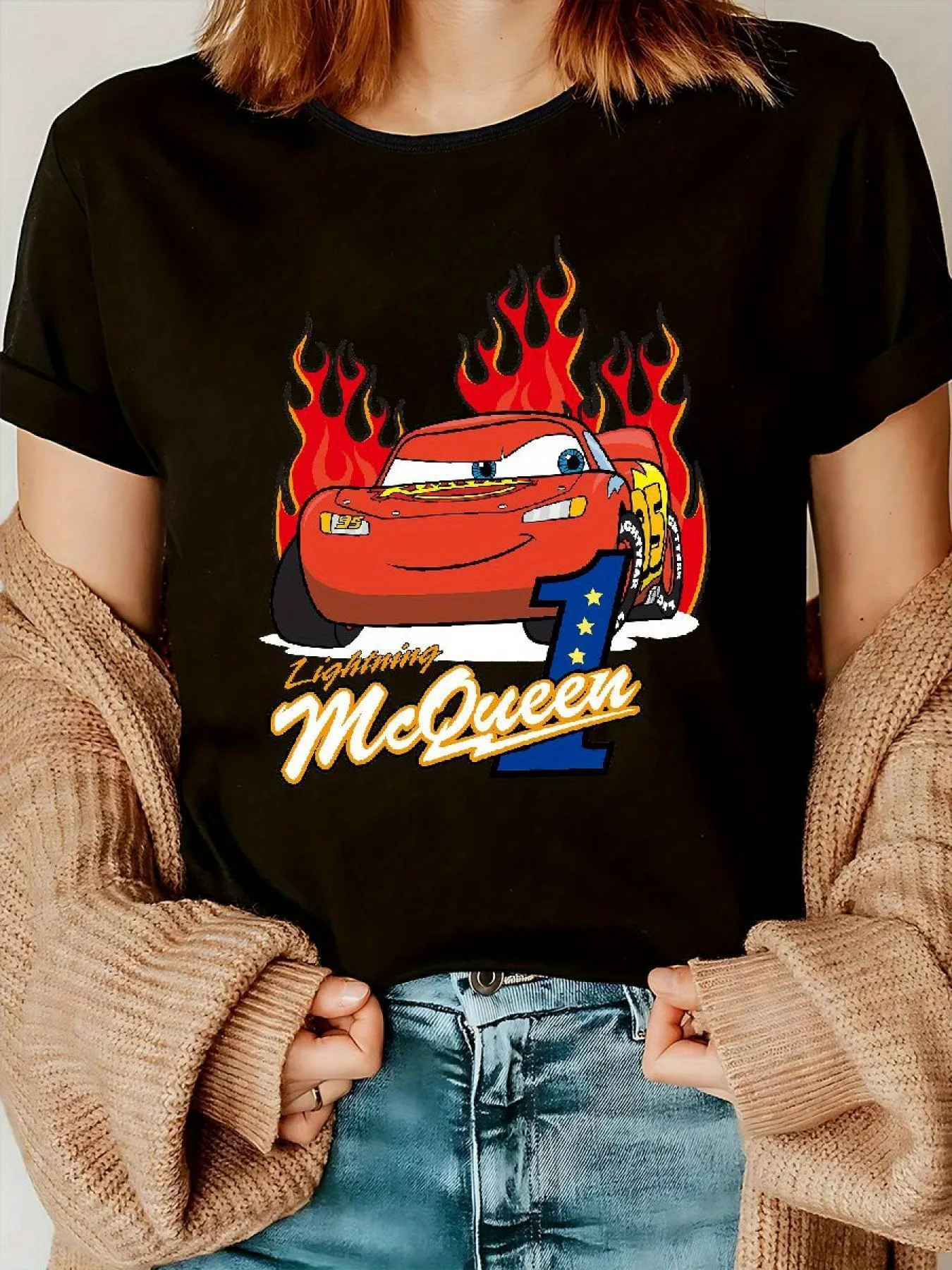 

Disney Cars Movie Lightning McQueen Graphic Tee - Women's Official Flames & Number 1 Design T-Shirt, Soft Stretchy Fabric Casual
