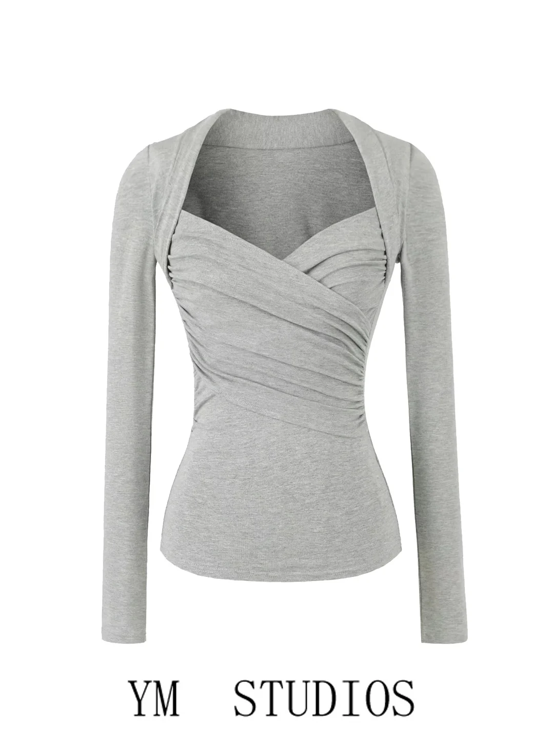 Slim Fit Long Sleeve V-Neck T-Shirt Women's Fashionable Crossed Two-Piece Pure Desire Folded Ladies Top Casual Streetwear