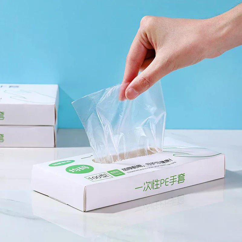 100pcs Latex Free Gloves PE Disposable Gloves Transparent Non-Slip Acid Work Safety Food Grade Household Cleaning Gloves