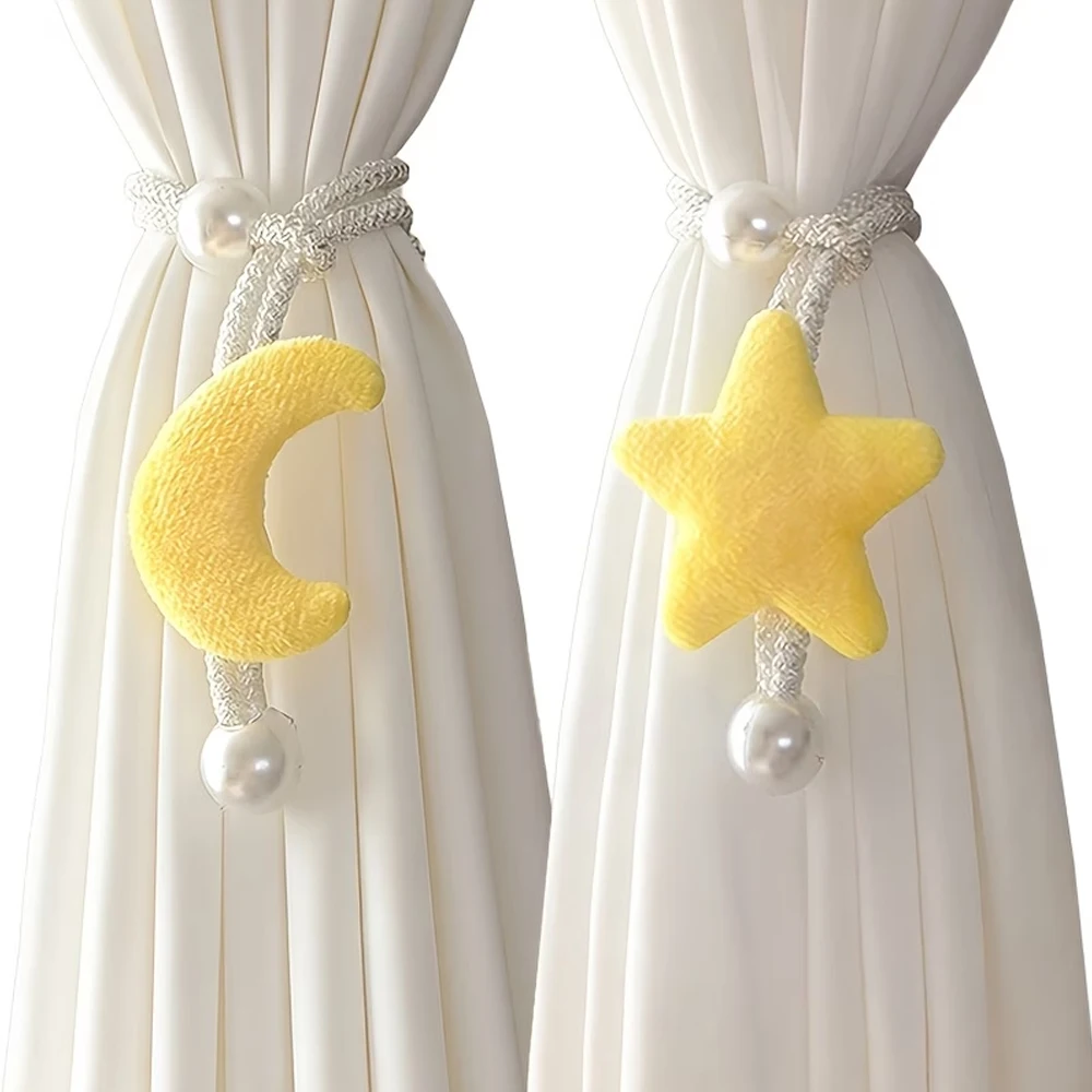 2-piece set of moon and star pattern artificial pearl curtain ties, adjustable, French modern style, window decoration and home decor accessories
