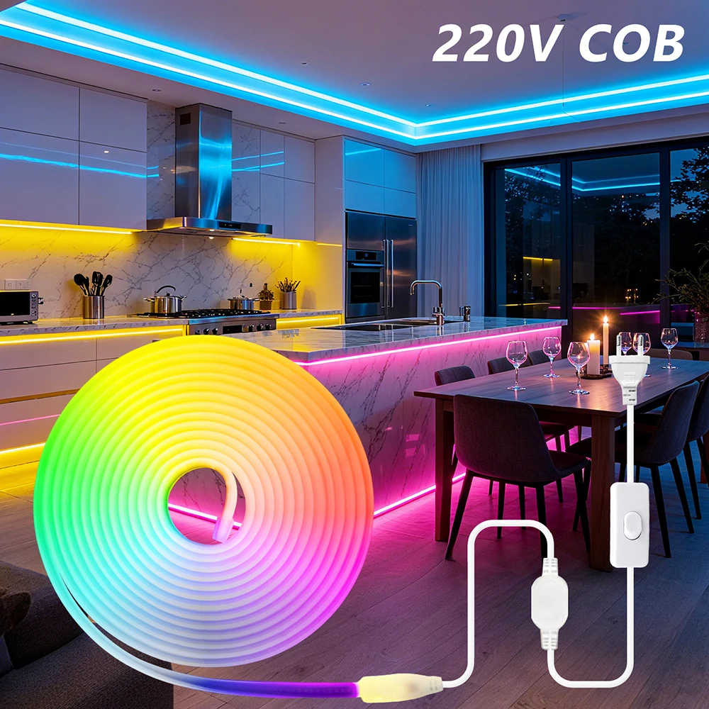 COB LED Neon Strip Light 220V Switch EU Power Plug Kit Warm Red Blue Pink Yellow Purple 288LEDs Flex Tube Lamp IP67 Home Decor