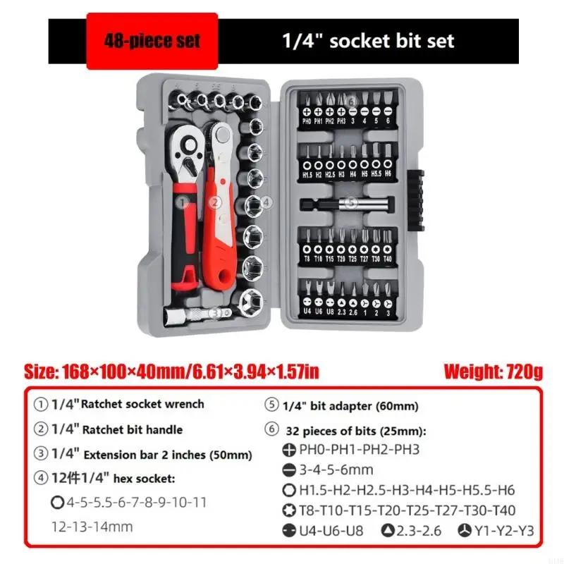 40je 48pcs Quick 1/4 Sockelschlüssel -Ratschen -Set Hexagonal Auto Repair Tool Wrench Ratchet Set professionelles