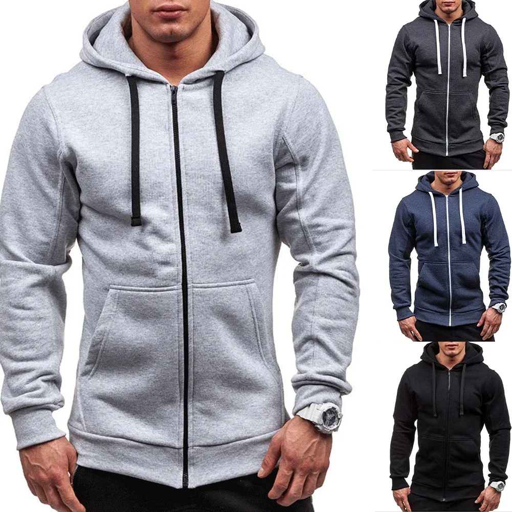 

Long Sleeve Men Hoodie Zipper Jacket with Hooded Neckline Solid Color Casual Coat for Fitness Sports and Daily Use
